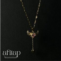 çelik Gold pembe kristal kanatlı kolye