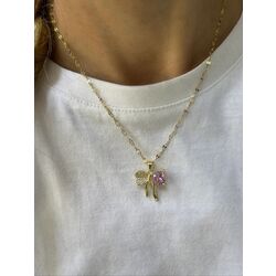 çelik pembe taşlı fiyonk kolye 