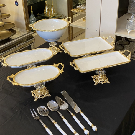 5 li döküm ayaklı çerçeveli gold porselen set