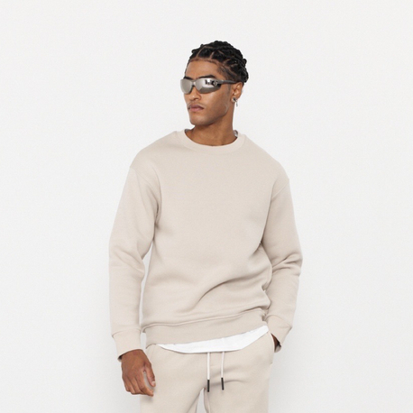 Bisiklet Yaka 3 İplik Şardonlu Pamuklu Bej Sweatshirt