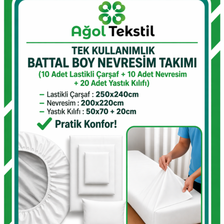 Tek Kullanımlık Battal Boy Nevresim Takımı - 10lu Set (Carsaf Nevresim 2 Yastık Kılıfı)