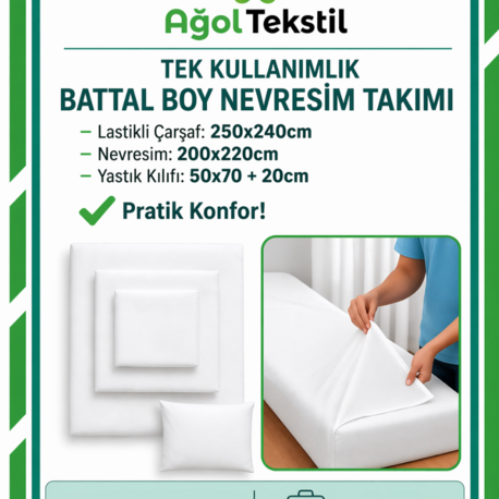 Ağol Tekstil Tek Kullanımlık Battal Boy Nevresim Takımı Lastikli Çarşaflı Beyaz