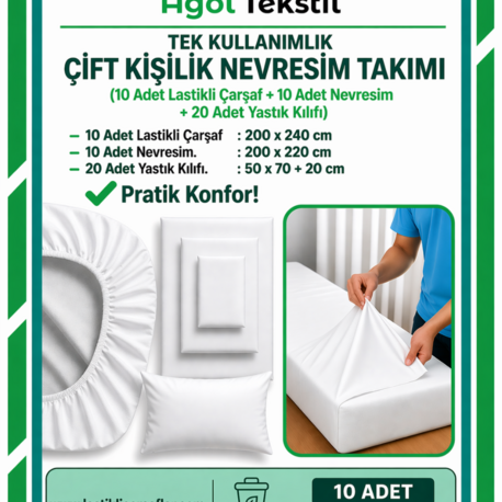 Çift Kişilik Nevresim Takımı – 10’lu Set | Tek Kullanımlık Lastikli Çarşaflı Yatak Seti