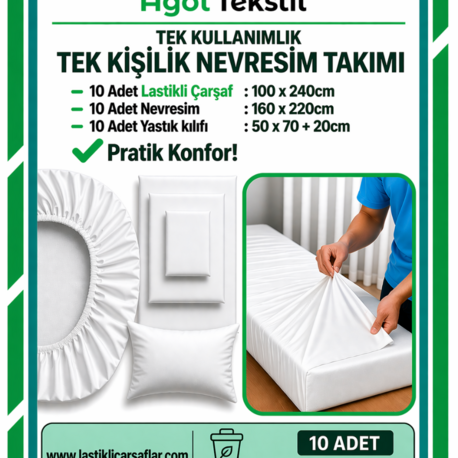 Tek Kullanimlik Tek Kisilik Nevresim Takimi – 10lu Set Lastikli Carsafli Yatak Seti