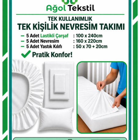 Tek Kullanimlik Tek Kisilik Nevresim Takimi 5li Set Carsaf Yorgan Kilifi Yastik Kilifi