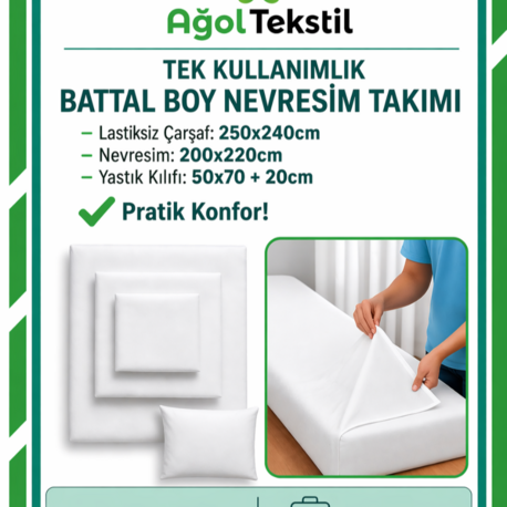 Ağol Tekstil Tek Kullanımlık Battal Boy Nevresim Takımı  Lastiksiz Çarşaflı Nonwoven Beyaz