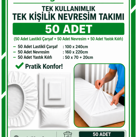 50’li Tek Kişilik Nevresim Takımı | Tek Kullanımlık, Beyaz, Pratik ve Ekonomik Paket