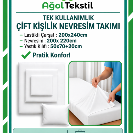 Tek Kullanımlık Çift Kişilik Nevresim – Lastiksiz Çarşaf + Yorgan ve Yastık Kılıfı