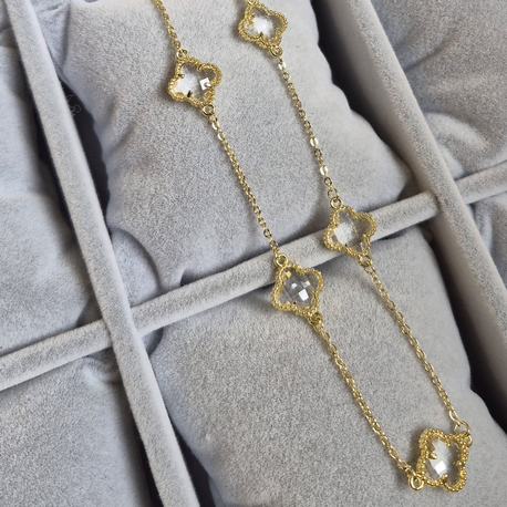 Zirkon Taşlı Çelik Yonca Kolye (14K Gold Renk)