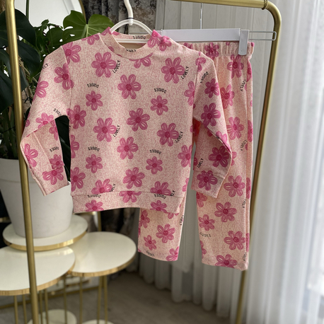Kız Çocuk Pembe Çiçek Desenli Pijama Takımı