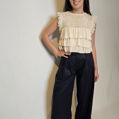 Gabardin Geniş Paça Lacivert Palazzo Pantolon 