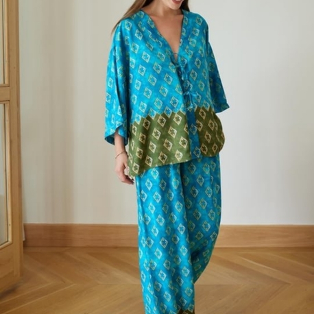 Mavi Yeşil Desenli Kimono Takımı