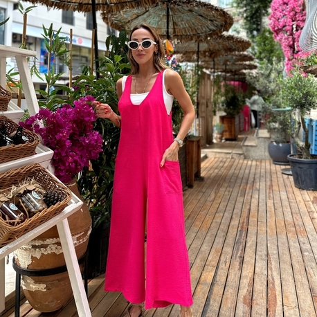 Pembe Ayrobin Kumaş Cepli Salopet Tulum