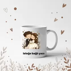 Romantik Sevgiliye Hediye Porselen Kupa Gelin Damat İllüstrasyonlu İsim Yazılı