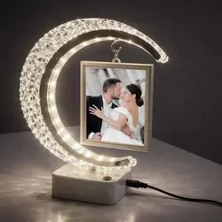 Fotoğraf Çerçevesi - Kristal Görünümlü Hilal Tasarımlı Çift Fotoğraflı Işıklı