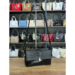Bağcık Detaylı Çapraz Çanta Siyah Rugan Kroko