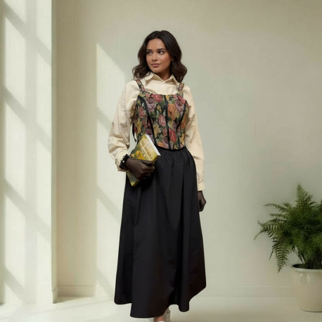Vintage çiçek detaylı siyah korse büstiyer