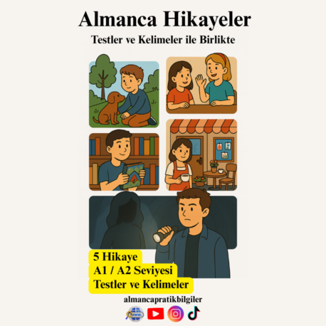 Almanca Hikaye ve Test PDF | 300+ Kelime Listesi | A1-A2 Seviyesi Dijital Set