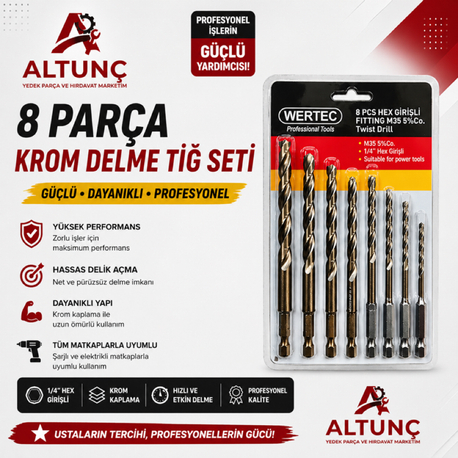 8 Parça Hex Girişli Krom Delme Tiğ Seti (M35 %5 Kobalt)