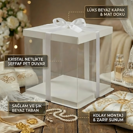 Beyaz Şeffaf Hediye Kutusu Lüks Sunum ve Bohça Kutusu