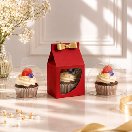 FRANSIZ PASTASI & CUPCAKE KUTUSU KIRMIZI ( 8X8X8+5,5 CM ) ( 10 ADET )