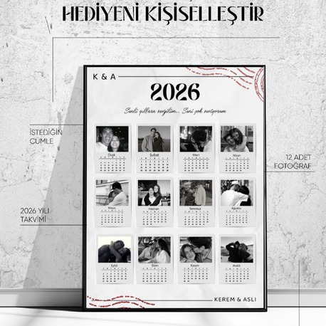 12 Ay Fotoğraflı Kişiye Özel Takvim 2026 | İsimli Çerçeve | Yılbaşı Hediyesi