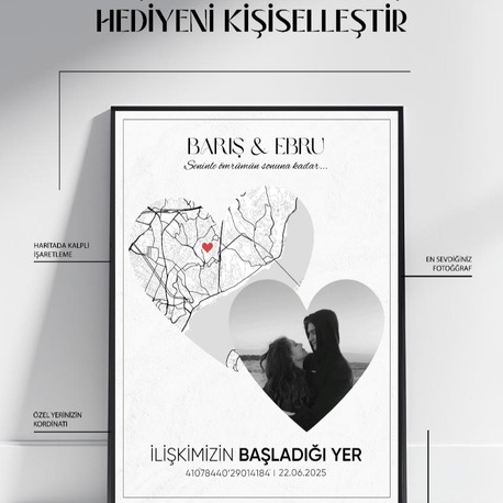 Kişiye Özel Kalpli Harita Tablo – Fotoğraflı ve Koordinatlı Anlamlı Hediye