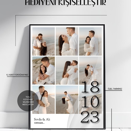 Kişiye Özel Fotoğraf Kolaj Tablo – 12 Fotoğraf & Özel Tarih ile Sevgiliye Hediye
