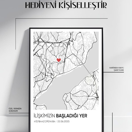 Kişiye Özel Şehir Haritası Tablo Koordinatlı & Kalpli İşaretli Anı Posteri