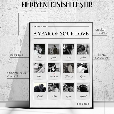 Kişiye Özel Yıl Dönümü Takvimi | 12 Ay Fotoğraflı Aşk Çerçevesi | Yılbaşı Hediyesi