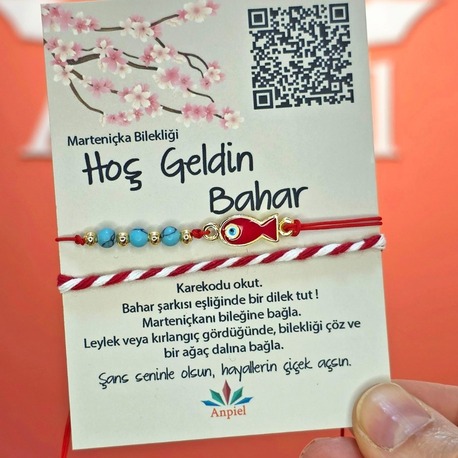 Kırmızı Balık Turkuaz Doğal Taşlı Şarkı Hediyeli Marteniçka Dilek Bileklik Seti