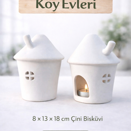  Mini Köy Evleri – 8 × 13 × 18 cm Çini Ham Bisküvi 