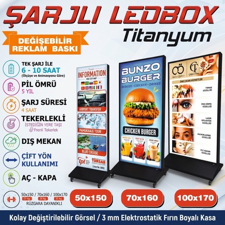 LEDBOX "Şarjlı,Taşınabilir, Işıklı, Çift Yönlü, Titanium gövde" Mobil Dijital TABELA