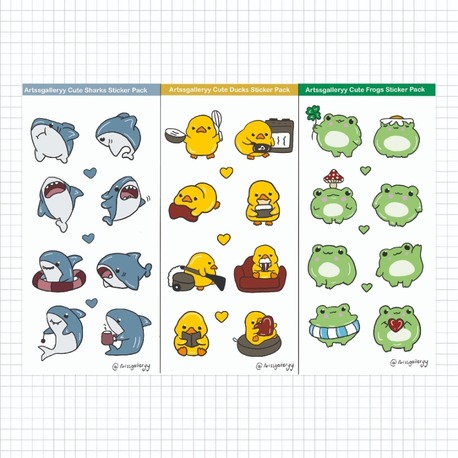 Cute Animals (Shark,duck,frog) Sticker Pack 11 Adet 