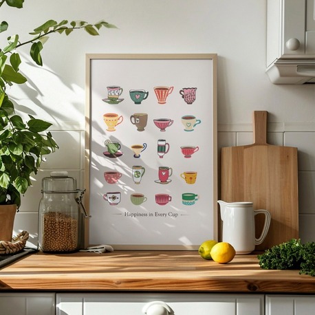 Happiness in Every Cup – Renkli Fincan Duvar Posteri