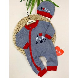 YANDAN DÜĞMELİ ÇİZGİLİ I LOVE MUM&DAD NAKIŞLI ŞAPKALI TULUM