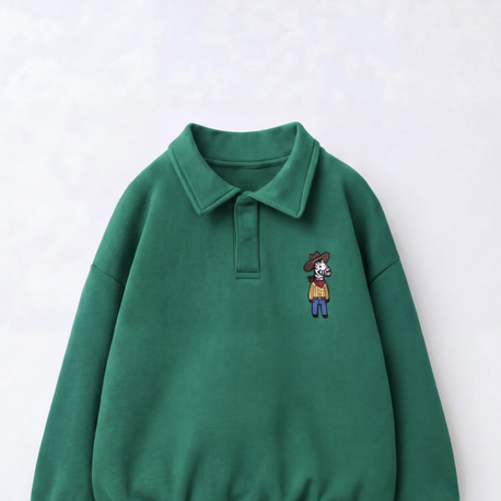 Polo Yaka Yeşil Nakış Detaylı Sweatshirt