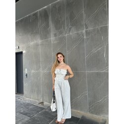 Çizgili Mavi Keten Takım