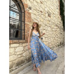 Saten Desenli Pileli Elbise