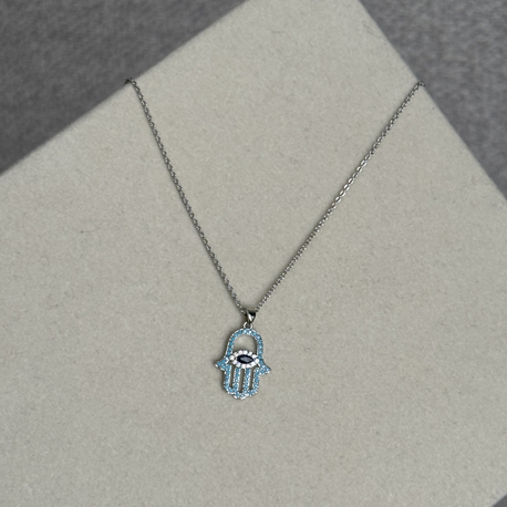 Özel seri Silver mavi taşlı hamsa kolye ( 44cm )