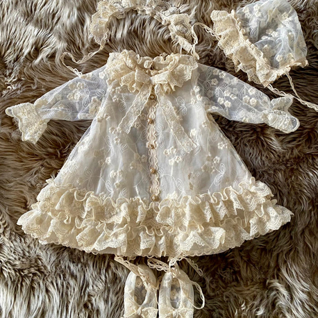 Krem dantelli vintage elbise seti 