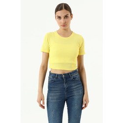 Bisiklet Yaka Kısa Kollu Kaşkorse Crop T-shırt Sarı
