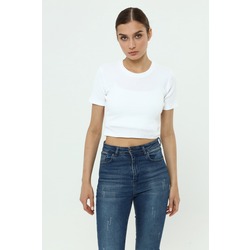 Bisiklet Yaka Kısa Kollu Kaşkorse Crop T-shırt Beyaz