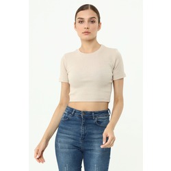 Bisiklet Yaka Kısa Kollu Kaşkorse Crop T-shırt Bej