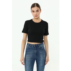 Bisiklet Yaka Kısa Kollu Kaşkorse Crop T-shırt Siyah