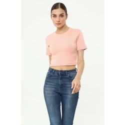 Bisiklet Yaka Kısa Kollu Kaşkorse Crop T-shırt Gül Kurusu