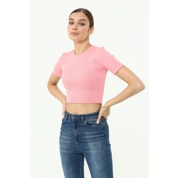 Bisiklet Yaka Kısa Kollu Kaşkorse Crop T-shırt Pembe