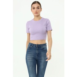 Bisiklet Yaka Kısa Kollu Kaşkorse Crop T-shırt Lila
