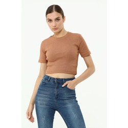 Bisiklet Yaka Kısa Kollu Kaşkorse Crop T-shırt Kahverengi