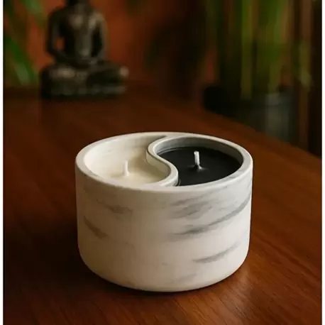 Beyaz Mermer Desenli Yin Yang Temalı El Yapımı Mum